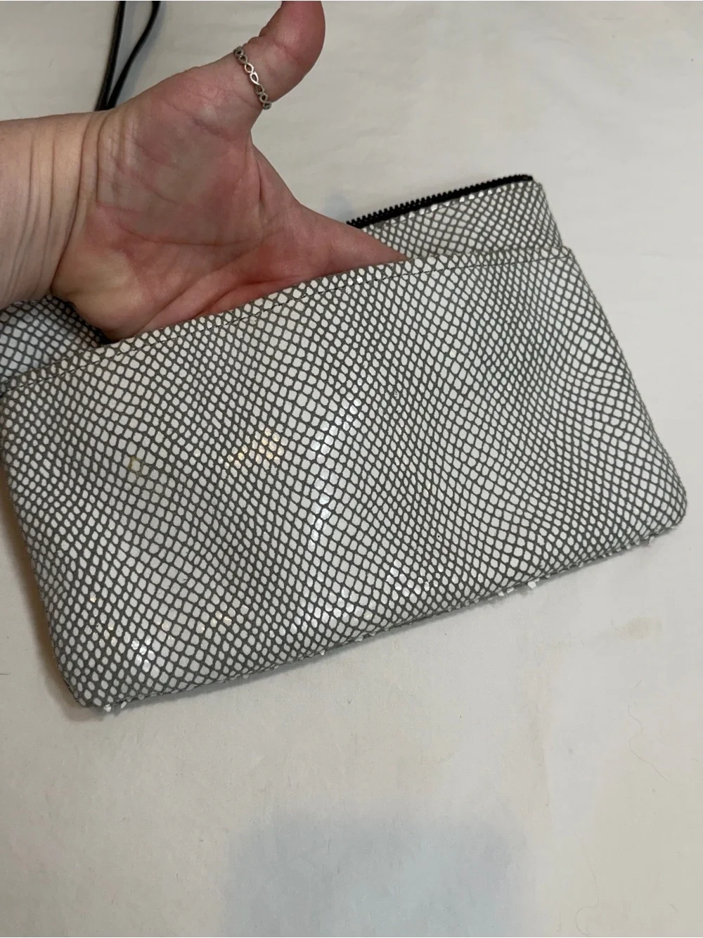 Aimee Kestenberg gray cream black leather zip top clutch